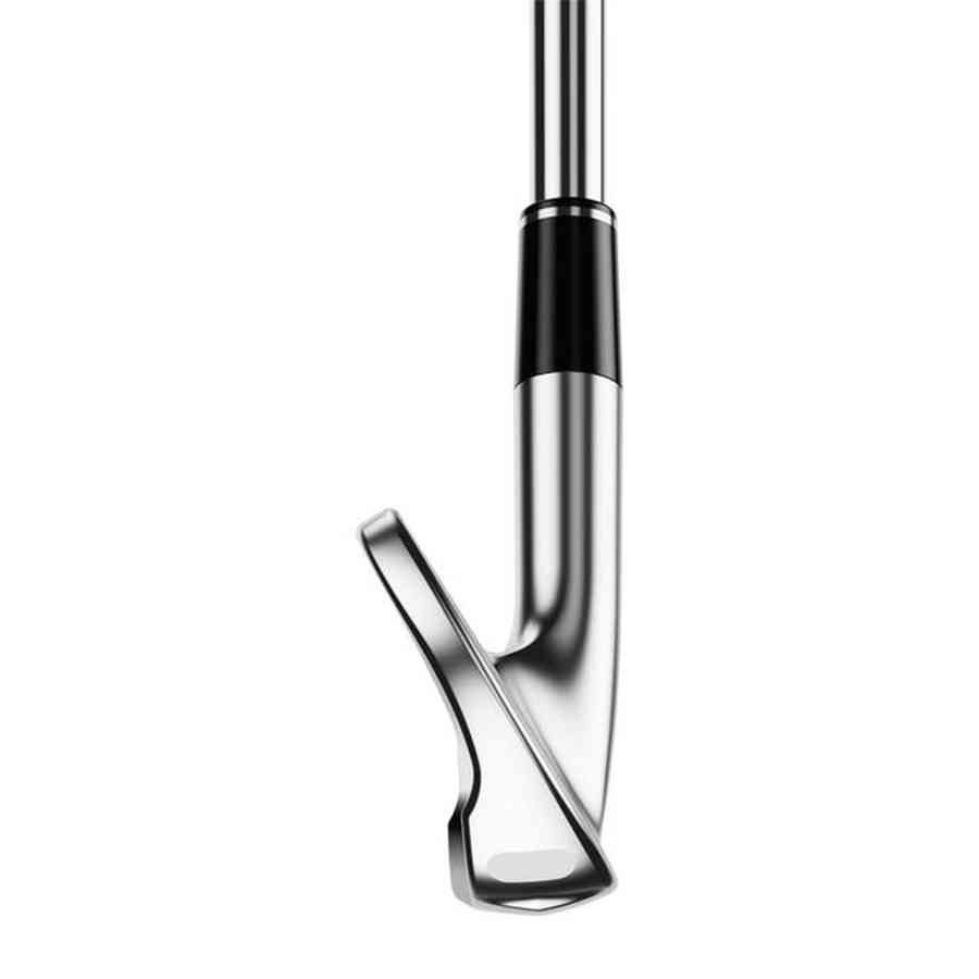 A close-up of the Srixon ZXi7 4-PW Steel Shaft Iron Set highlights its shiny, metallic i-FORGED iron with a reflective finish, displayed from a side angle on a white background.