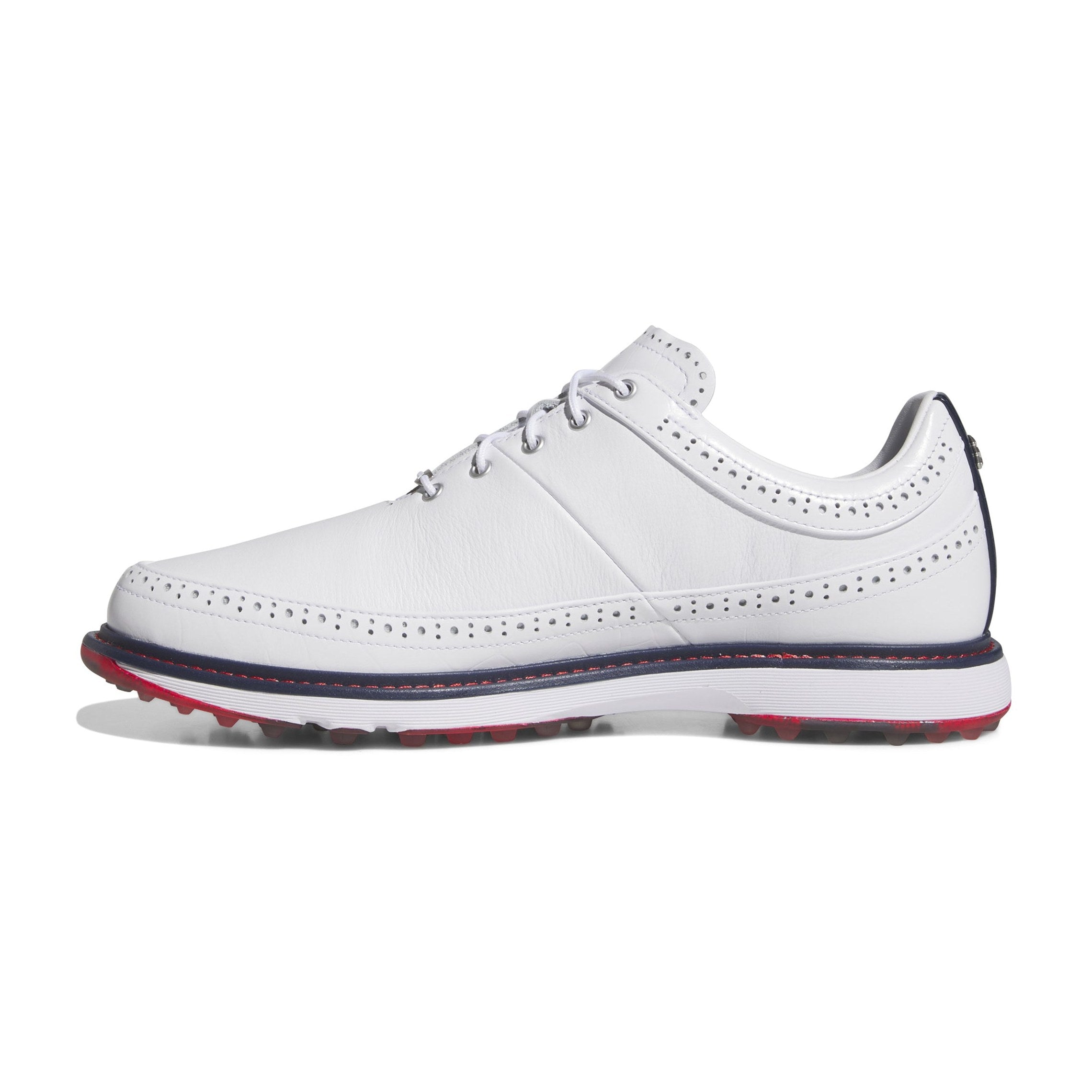 The Adidas MC80 Golf Shoes in White/Red feature white leather with brogue detailing, white laces, and a dark blue and red-accented sole with a BOOST midsole, displayed in side profile on a plain white background.