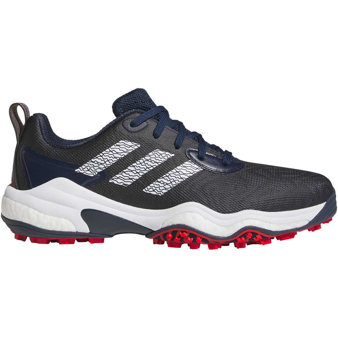 The Adidas Codechaos 25 Spikeless Golf Shoes - Navy feature a waterproof mesh upper made from recycled materials, navy blue laces, white stripes, white midsole, red textured outsole, and textured side details.