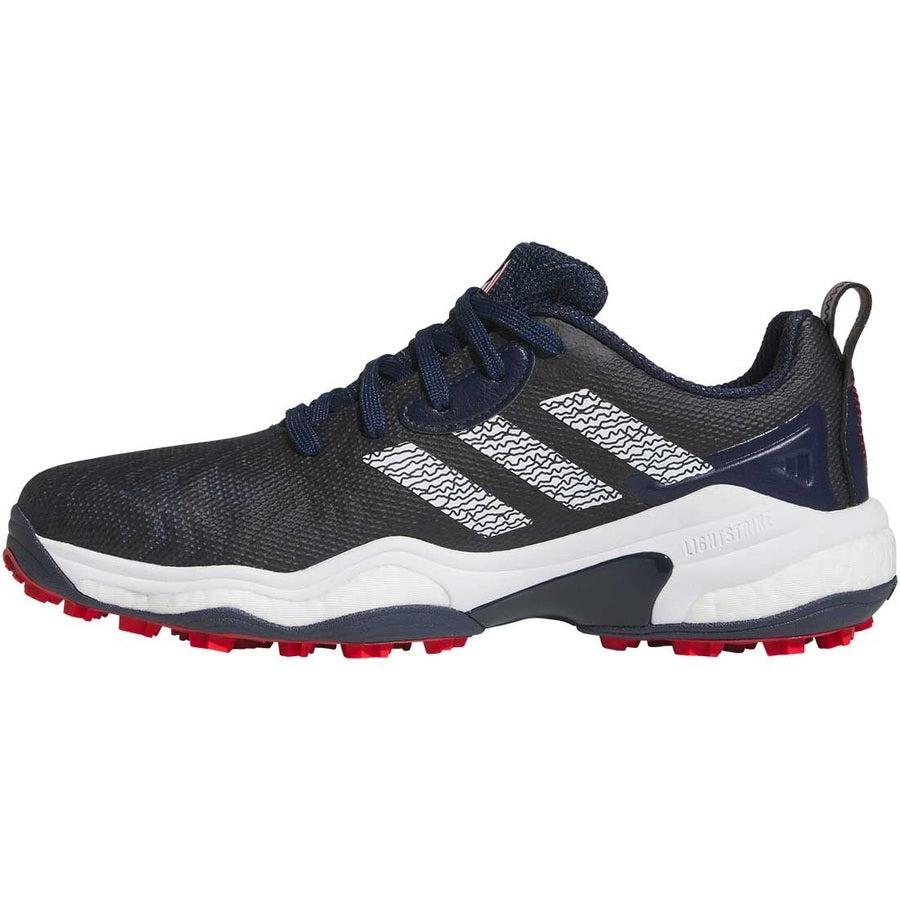 The Adidas Codechaos 25 Spikeless Golf Shoes in navy feature a waterproof upper, white stripes, white midsole, dark blue laces, and a red-treaded sole, shown in side profile on a plain background.