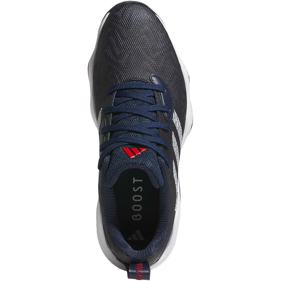 Top view of the Adidas Codechaos 25 Spikeless Golf Shoes in navy, featuring a waterproof upper, blue laces, white side stripes and sole, BOOST branding on the black insole, plus red and blue accents on the tongue and heel tab.