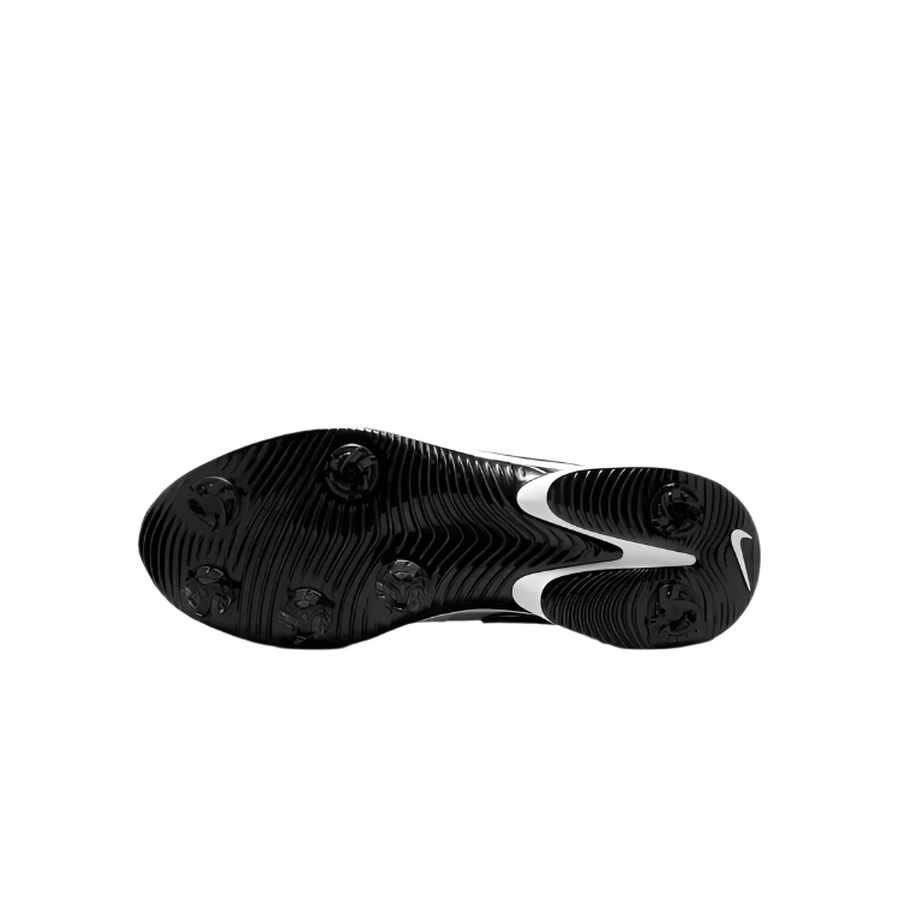 The image displays the black sole of the Nike Air Zoom Victory Tour 3 NRG Golf Shoes (White/Gold) with six studs, a white Nike swoosh, and textured wave-like patterns designed for grip and traction.