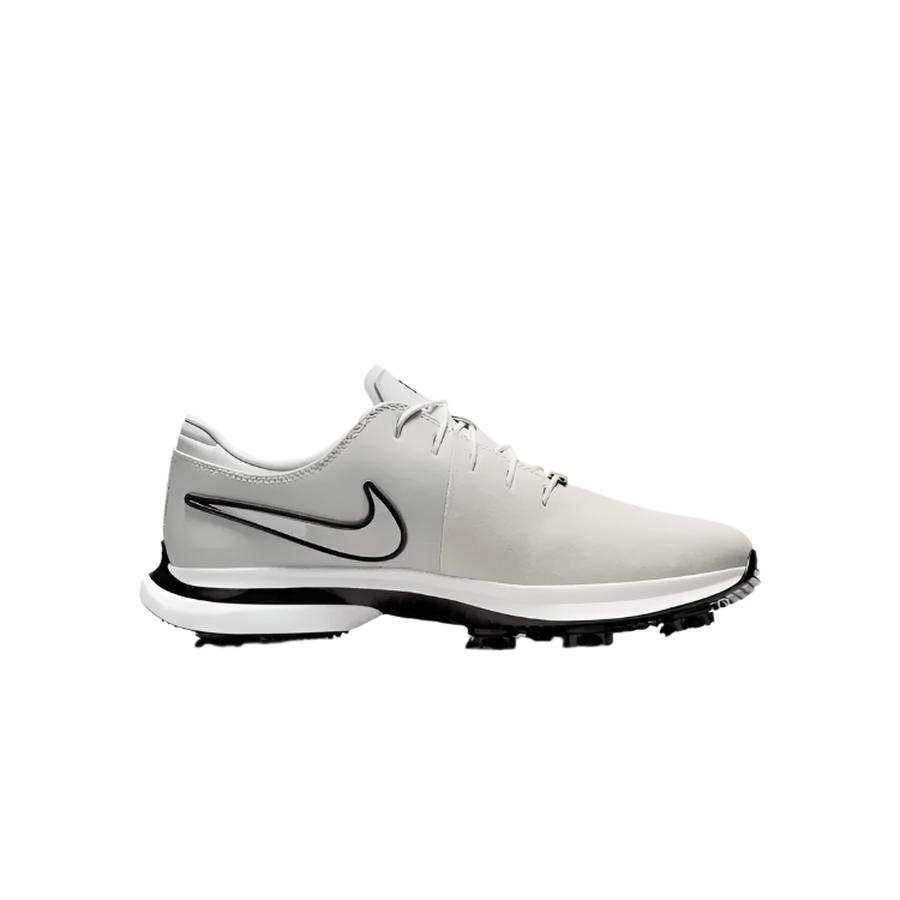 The Nike Air Zoom Victory Tour 3 NRG Golf Shoes in White/Gold feature premium full-grain leather, elegant gold accents, a bold gold Nike swoosh on the side, white laces, and a white-and-gold sole with visible tread.