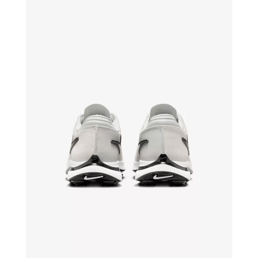 Rear view of Nike Air Zoom Victory Tour 3 NRG Golf Shoes in white with gold accents, crafted with full-grain leather, displayed side by side against a plain white background.