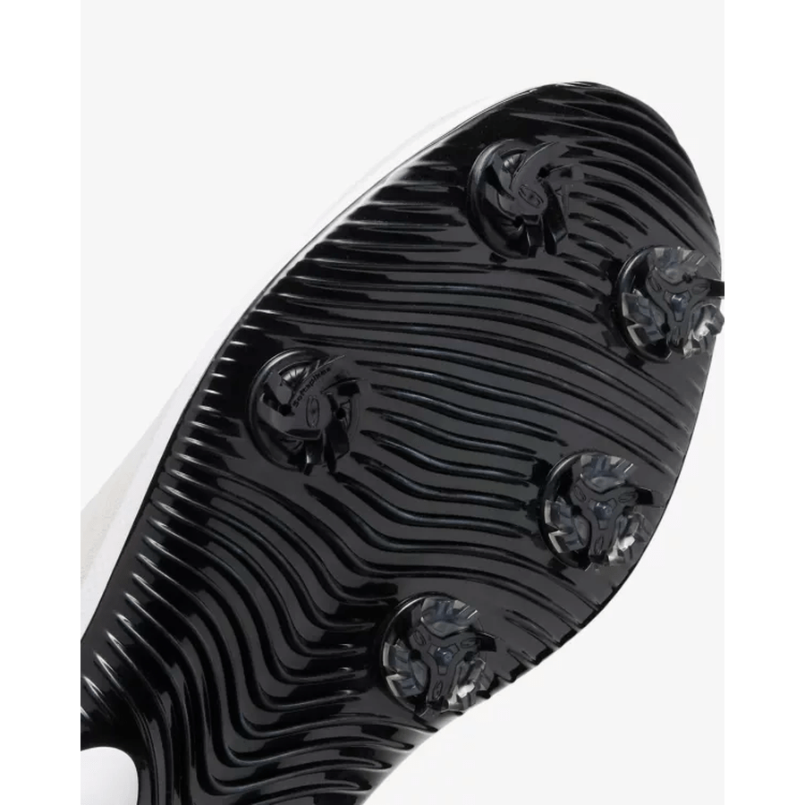 Close-up of the black, textured sole of the Nike Air Zoom Victory Tour 3 NRG Golf Shoes - White/Gold, with six cleats in a circular pattern and the Champs Spike System for enhanced traction on grass or turf.