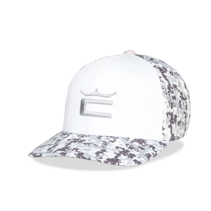 The Cobra Camo Crown C Snapback Cap features a white crown, digi-camo brim and sides, a raised embroidered C logo on the front, and a comfortable Flexfit 110 sweatband inside.