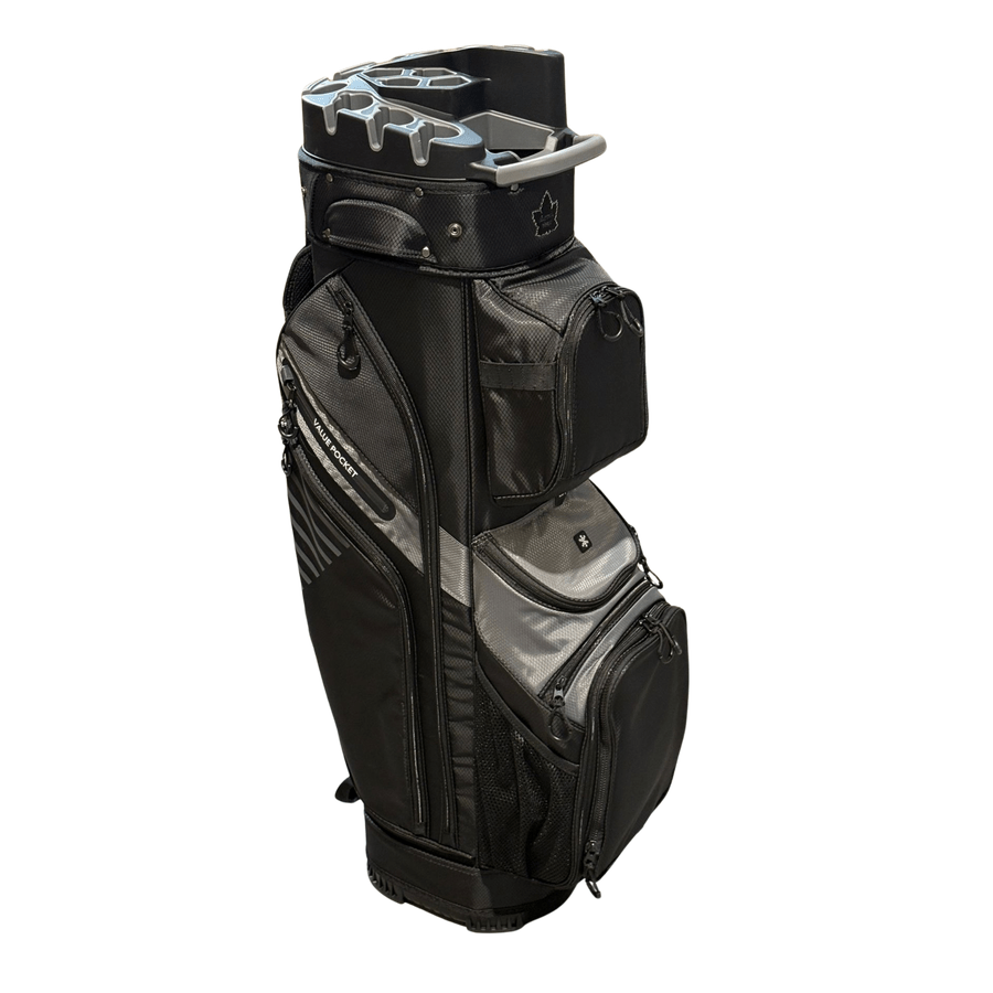 The NS Deluxe Tour Lock Organizer Cart Bag comes in black and gray, with multiple zippered pockets, a sturdy base, 14-way divider for clubs, an insulated cooler pocket, and a top handle for easy carrying.