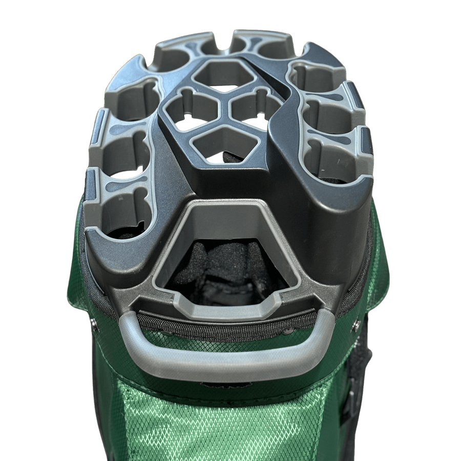 Top view of the NS Deluxe Tour Lock Organizer Cart Bag in green and black, featuring a hard plastic hexagon-patterned gray lid, 14-way divider, multiple compartments, insulated cooler pocket, and sturdy handle.