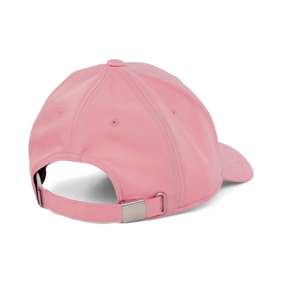 The Puma Structured P Cap in light pink is shown from the back, highlighting its form-fitting design, adjustable strap with silver buckle, and stitched eyelets on the crown.