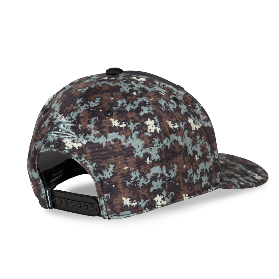 The Cobra Camo Crown C Snapback Cap features a digi-camo color block pattern in brown, black, and gray and has an adjustable black snapback closure at the back.