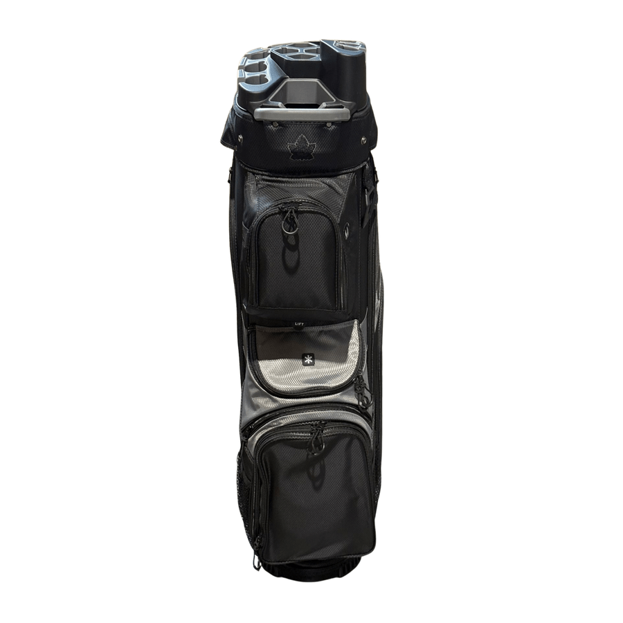 The NS Deluxe Tour Lock Organizer Cart Bag, in black and gray, features a 14-way divider, multiple zippered pockets including an insulated cooler pocket, and a segmented top for club organization. Shown upright against a white background.