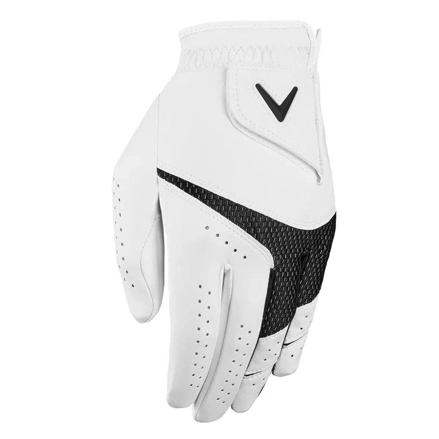 The Callaway 2-Pack Weather Spann Golf Gloves feature a white synthetic design with black mesh detailing, micro-ventilation perforations, and a Velcro strap accented by a black chevron logo near the wrist.