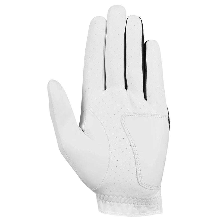 A pair of white Callaway 2-Pack Weather Spann Golf Gloves, featuring micro-ventilation perforations and elastic wristbands, displayed palm-up on a plain white background.