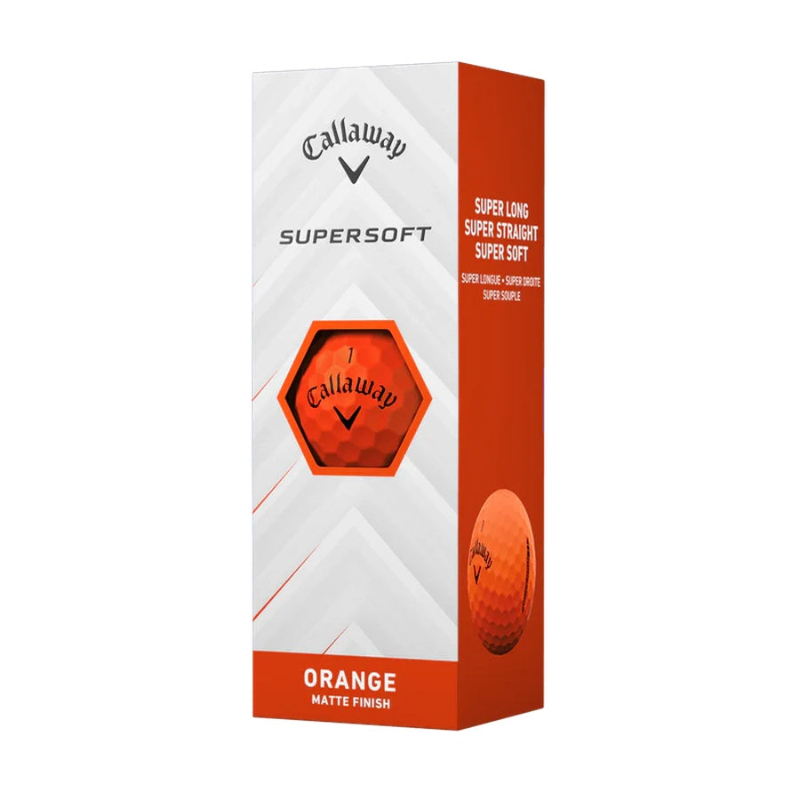 A white and orange box of Callaway Supersoft 2025 Golf Balls showcases an orange ball, the phrase “Super Long, Super Straight, Super Soft,” and highlights a soft feel with increased ball speed and an Orange Matte Finish.