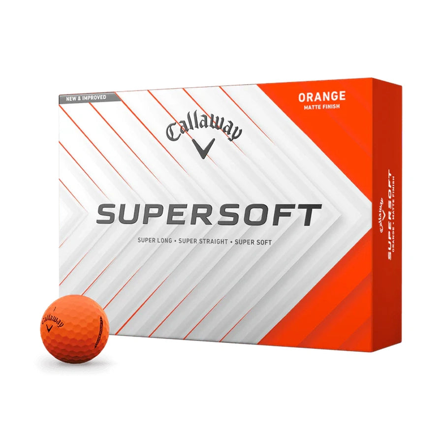 The orange box of Callaway Supersoft 2025 Golf Balls features white and gray diagonal lines, SUPERSOFT in bold letters, and an orange golf ball beside it—engineered for increased ball speed and an ultra soft feel.