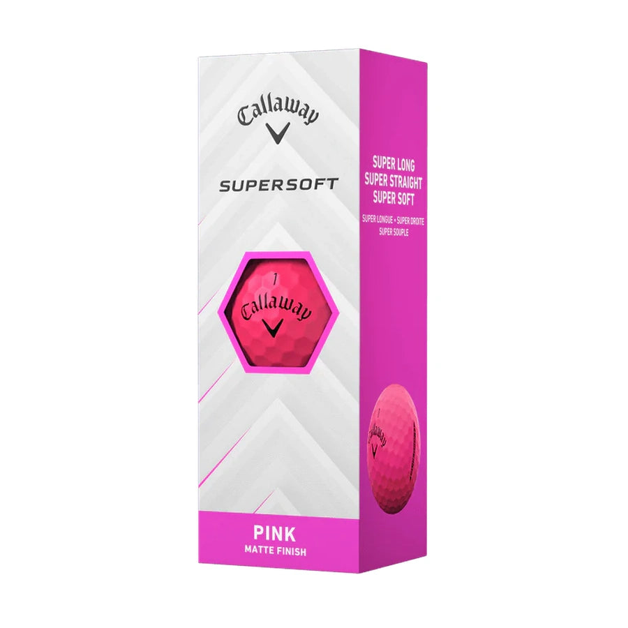 A box of Callaway Supersoft 2025 Golf Balls features a matte pink ball for a soft feel and fast speed, packaged in a white and pink box with the Callaway logo and a pink golf ball visible through a hexagonal window.