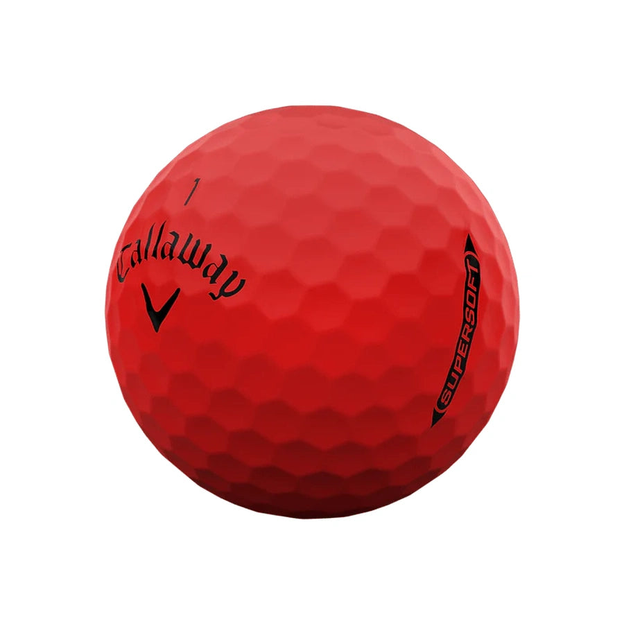 A red Callaway Supersoft 2025 golf ball with a dimpled surface and printed logo is shown against a white background. Designed for a soft feel and faster speed, “SUPERSOFT” is also printed on the ball.