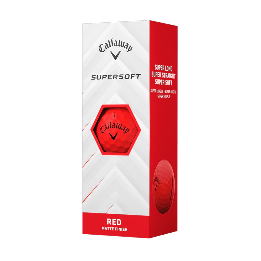 The Callaway Supersoft 2025 Golf Balls box features a red and white design with the Callaway logo, a red golf ball image, and highlights Super Long, Super Straight, Super Soft for speed and feel. Red Matte Finish is noted at the bottom.