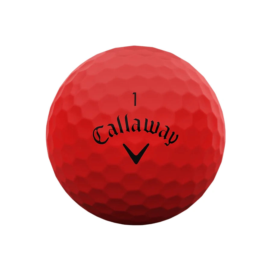 A red Callaway Supersoft 2025 golf ball with a dimpled surface, the number 1, Callaway, and a black chevron logo is shown on a white background. Designed for increased ball speed.
