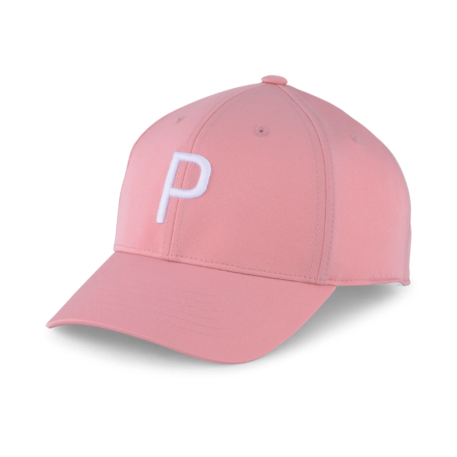 The Puma Structured P Cap is pink with a white embroidered P on the front, has a form-fitting design, and is displayed angled on a white background.