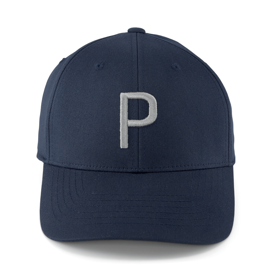 The Puma Structured P Cap features a navy blue design with a curved brim and a bold white embroidered P on the front. This cap offers a form-fitting style and one-size-fits-all comfort for versatile wear.