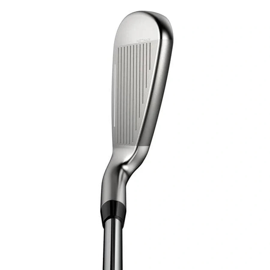 A close-up of the Cobra DS-ADAPT Max Irons (5-PW, GW) with steel shaft showcases the grooved silver face for forgiveness and easy launch, angled against a plain white background.