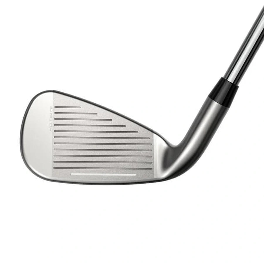 A close-up of the Cobra DS-ADAPT Max Irons 5-PW, GW shows its grooved silver club head for forgiveness and precision, with part of the steel shaft visible against a white background.
