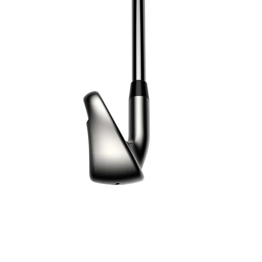 A side close-up of the Cobra DS-ADAPT Max Irons 5-PW, GW with a steel shaft, highlighting its forgiving metallic club head set against a plain white background.