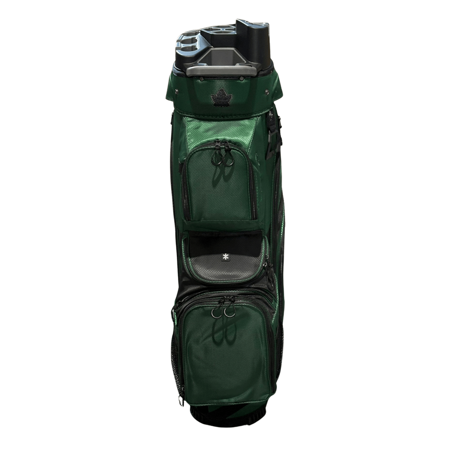 The NS Deluxe Tour Lock Organizer Cart Bag is a green golf bag with a 14-way divider, multiple zippered compartments (including an insulated cooler pocket), and a black top section, shown upright on a white background.