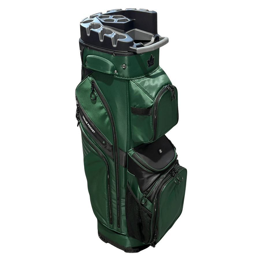 The NS Deluxe Tour Lock Organizer Cart Bag, in green with black and silver accents, features an insulated cooler pocket, multiple zippered compartments, and a structured 14-way club divider, standing upright on a white background.