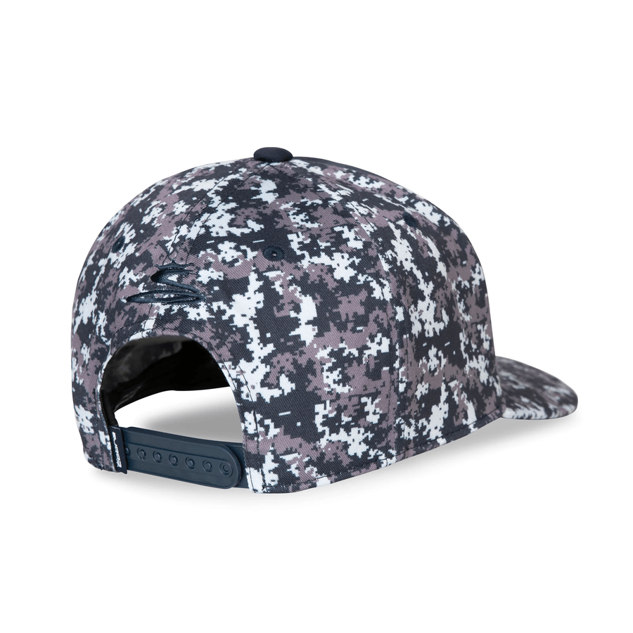Back view of the Cobra Camo Crown C Snapback Cap, featuring a black, white, and gray digi-camo pattern with an adjustable snapback closure and Flexfit 110 Sweatband for comfort.