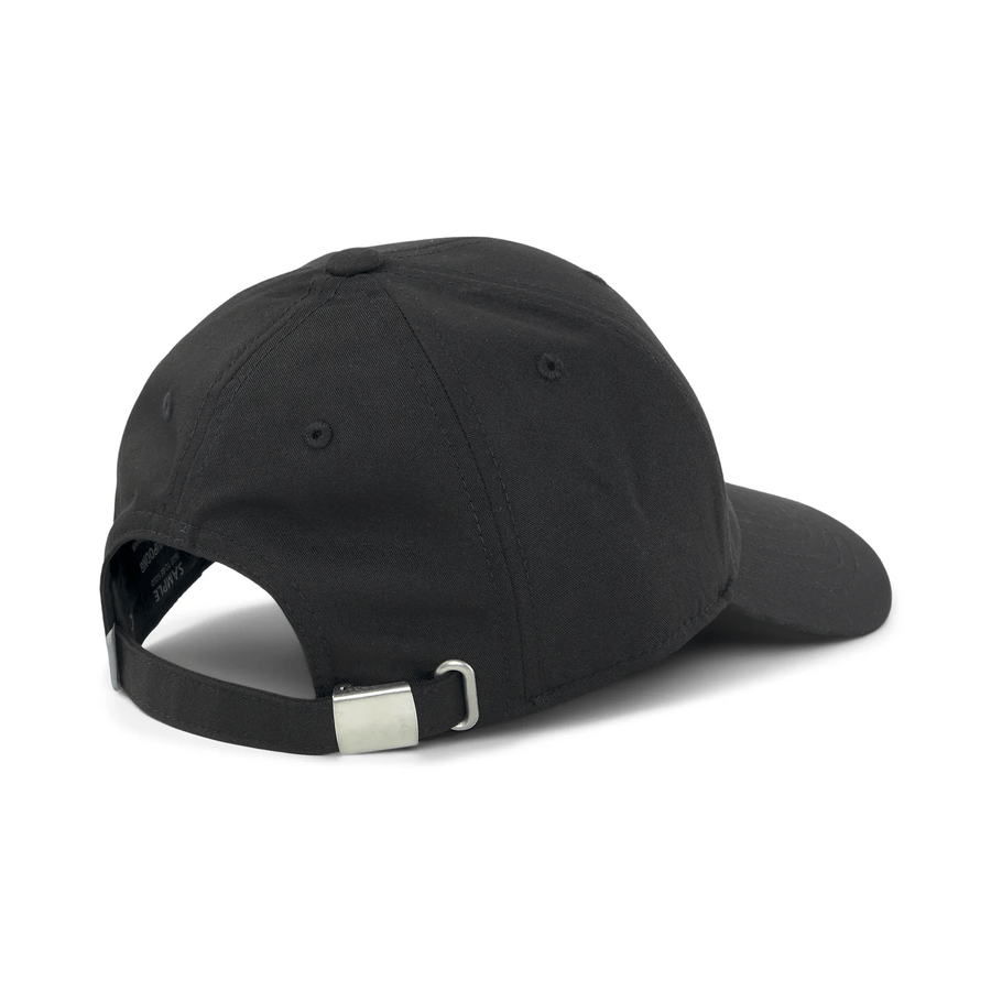 The Puma Structured P Cap in black, shown from the back, features an adjustable strap with a silver buckle. It offers a form-fitting style with a curved brim and stitched eyelets on the crown.