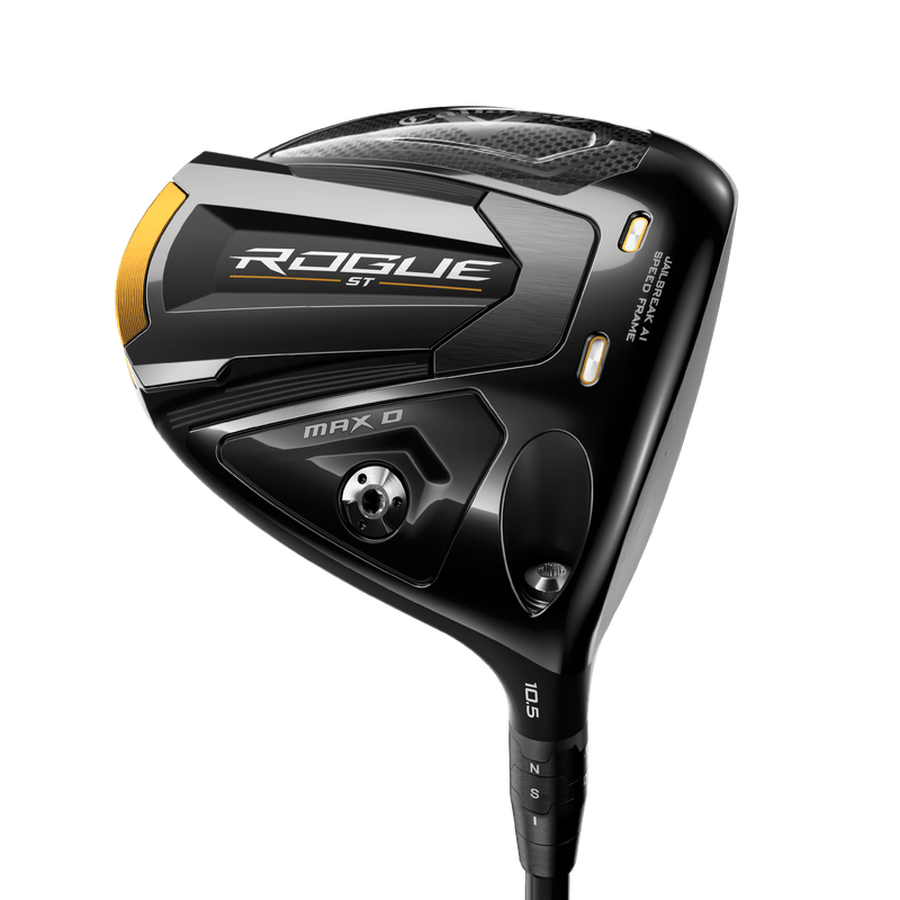 Close-up of the Callaway Rogue ST Max D Driver club head, showcasing a sleek black and gold design, modern graphics, and the innovative Tungsten Speed Cartridge for enhanced performance.