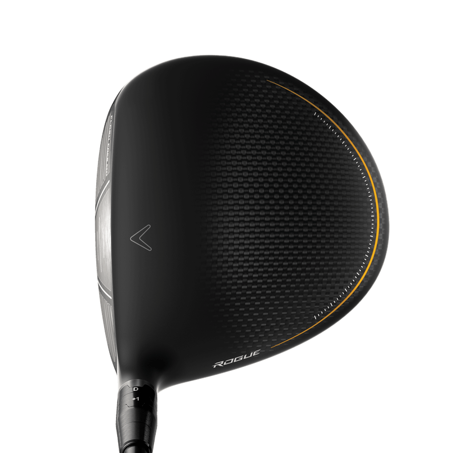 A close-up of the Callaway Rogue ST Max D Driver club head, showcasing its matte black textured finish, subtle yellow accents, and model labeling near the edge.