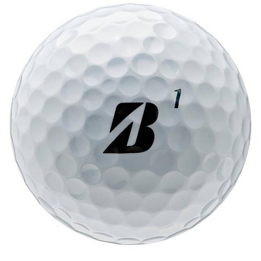 A close-up of a white Bridgestone e12 Speed golf ball from a 2-dozen logo overrun pack, featuring dimples, a black B logo, the number 1, and designed for increased distance with an optimal flight system.
