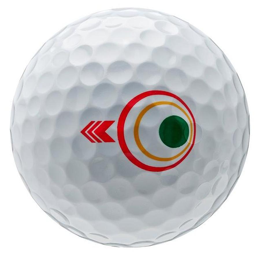 The 2 Dozen Bridgestone e12 Straight Golf Balls - Logo Overrun feature a dimpled white surface with a red and orange target design, green dot, and twin red arrows, crafted for enhanced performance with the Optimal Flight System.