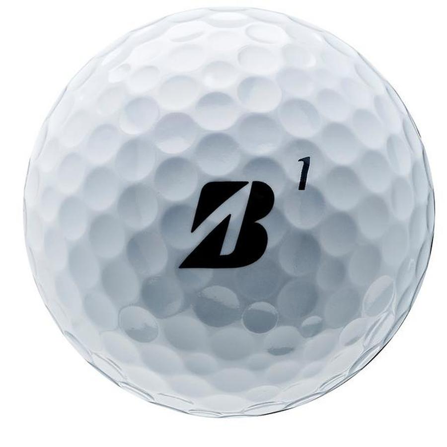 A close-up of a white Bridgestone e6 golf ball from the 2 Dozen Bridgestone e6 Golf Balls - Logo Overrun set, featuring dimples, a large black B logo, and the number 1 printed beside it, designed for maximum distance.