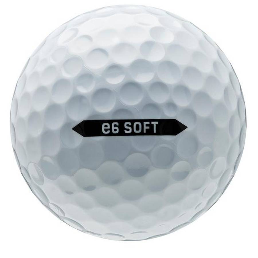A close-up of a white Bridgestone e6 golf ball from the 2 Dozen Bridgestone e6 Golf Balls - Logo Overrun set, showing its dimples and printed logo, engineered for maximum distance.