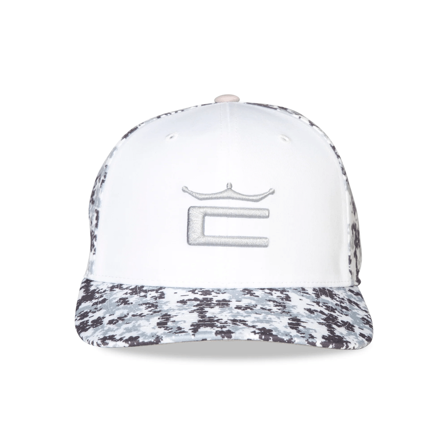 The Cobra Camo Crown C Snapback Cap features a white and gray camo design with an embroidered crown and C logo, a digi-camo color block bill and sides, plus a Flexfit 110 sweatband for all-day comfort.
