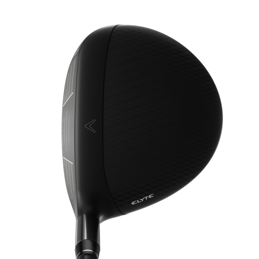A close-up of the Callaway Ladies Elyte Max Fast Fairway Wood head, featuring a matte black finish, subtle patterning, and Elyte branding near the heel, highlights its lightweight design inspired by Womens Fairway Wood technology.