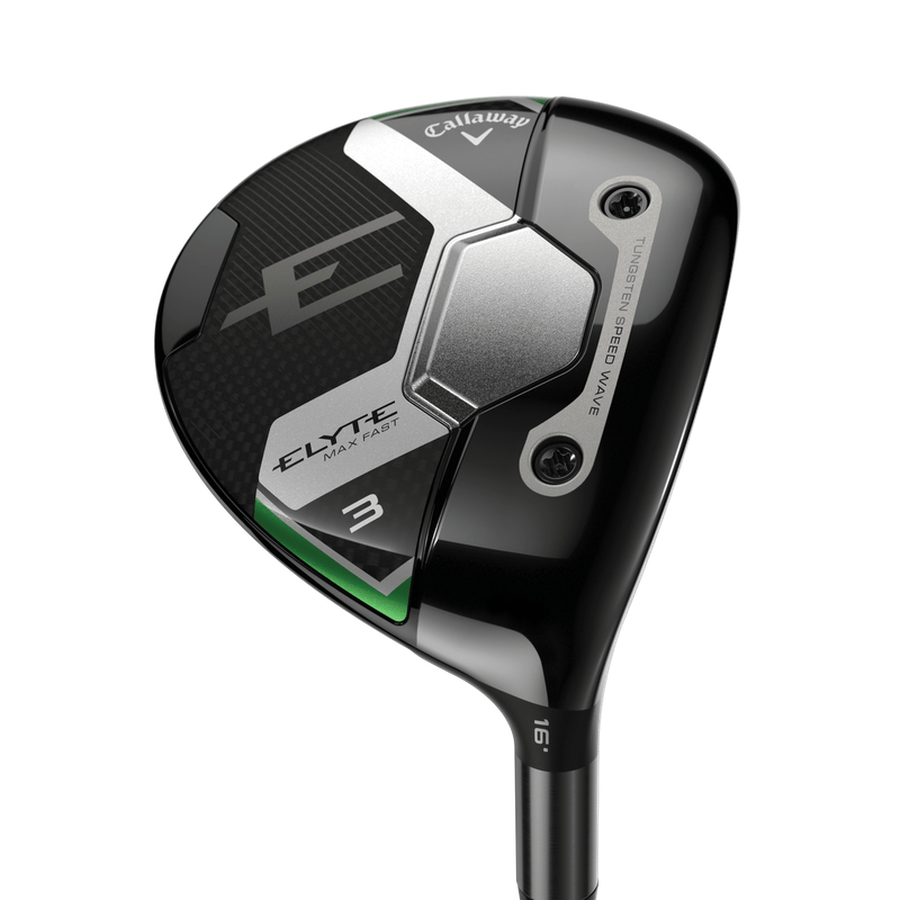 A close-up of the Callaway Elyte Max Fast Fairway Wood head, featuring a 16° loft, black and metallic silver accents, a stylized “E” logo, and lightweight Tungsten Speed Wave technology.