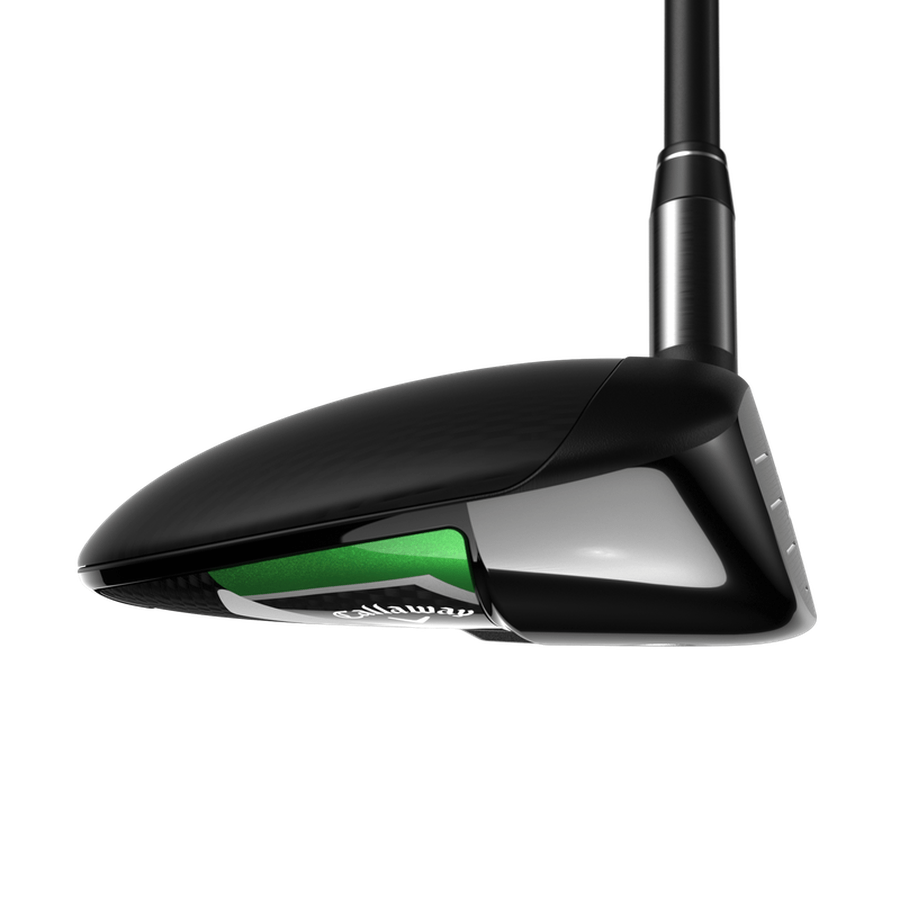 A close-up of the Callaway Elyte Max Fast Fairway Wood golf club head in black with green accents, highlighting its Tungsten Speed Wave technology, sleek design, and metallic finish against a white background.