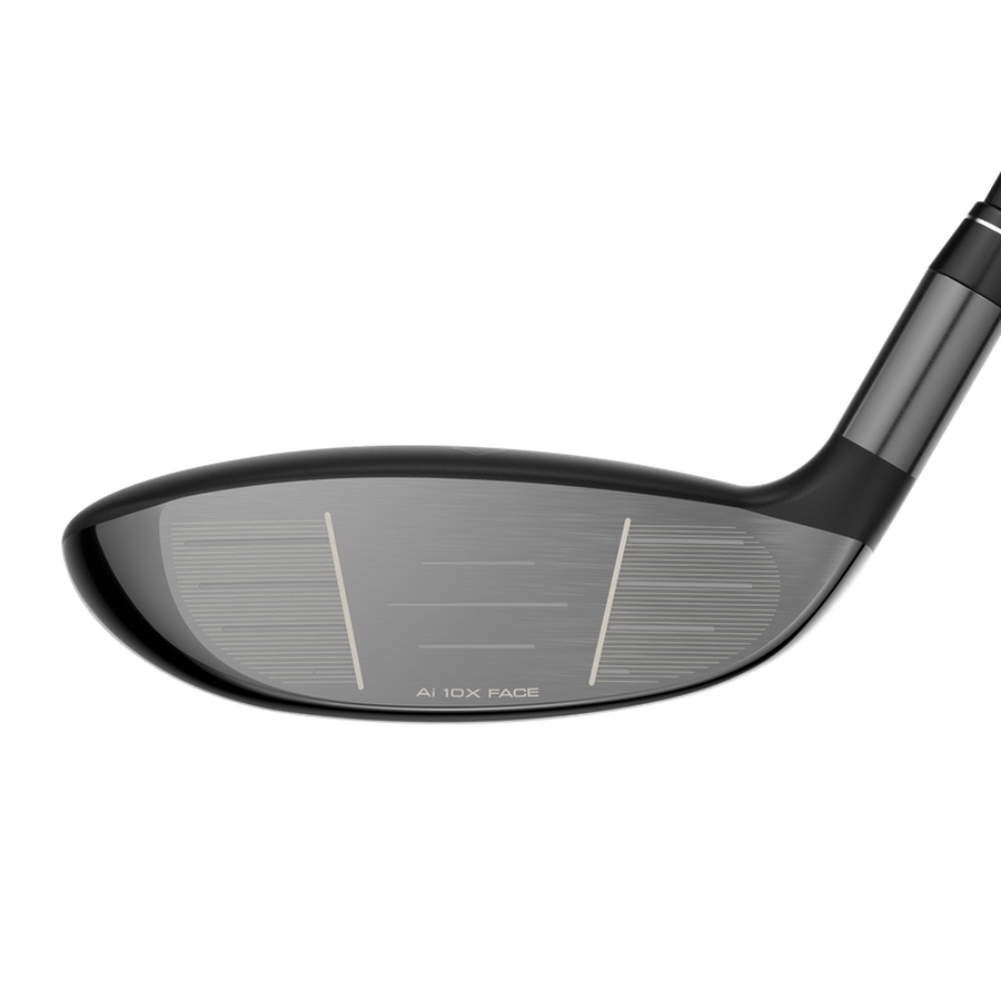 Close-up of the Callaway Elyte Max Fast Fairway Wood clubface with visible grooves and an AI 10X FACE label. The shaft, highlighting its Lightweight Design, appears partially on the right side.
