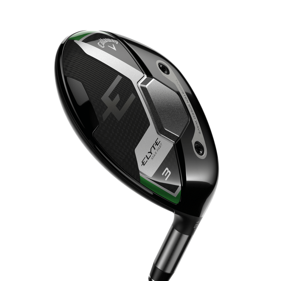 Close-up of a Callaway Elyte Max Fast Fairway Wood (ELITE 3), showing its black and silver head with green accents, textured design, and Tungsten Speed Wave technology for improved performance.