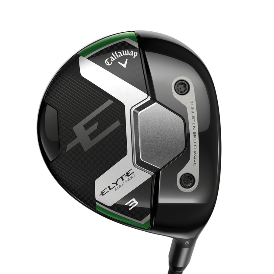 Close-up of a Callaway Elyte Max Fast Fairway Wood club head, showcasing its lightweight black and silver design with green accents, visible screws, branding, and labeled “3” on the head.