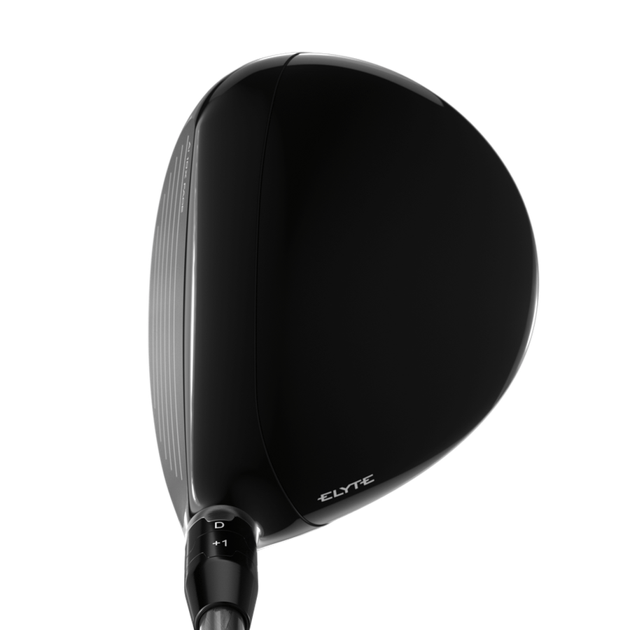 A close-up of the Callaway Elyte Triple Diamond Fairway Wood shows its black, shiny club head with ELYTE near the base. The compact shape is highlighted from above, emphasizing its smooth surface and refined design details.