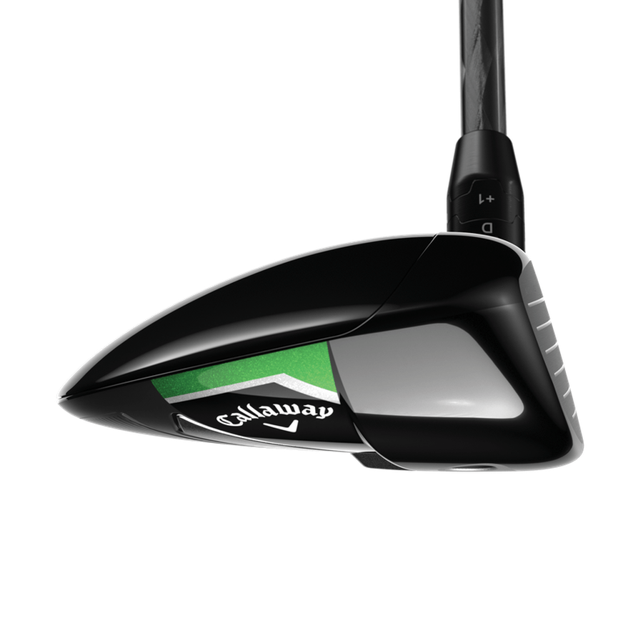A close-up side view of the Callaway Elyte Triple Diamond Fairway Wood highlights its black and silver head with green detailing, visible Callaway logo on the sole, and showcases its Tungsten Speed Wave technology.