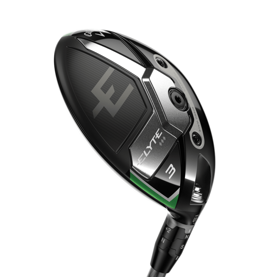 A close-up of the Callaway Elyte Triple Diamond Fairway Wood shows its modern black and silver design with green accents and ELYTE branding, plus a compact shape featuring an Ai 10x Face for superior performance.