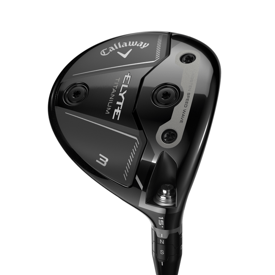 Close-up of the Callaway Elyte Titanium Fairway Wood, showcasing black and silver accents, Step Sole design, adjustable hosel, branded clubhead, and Tungsten Speed Wave technology.