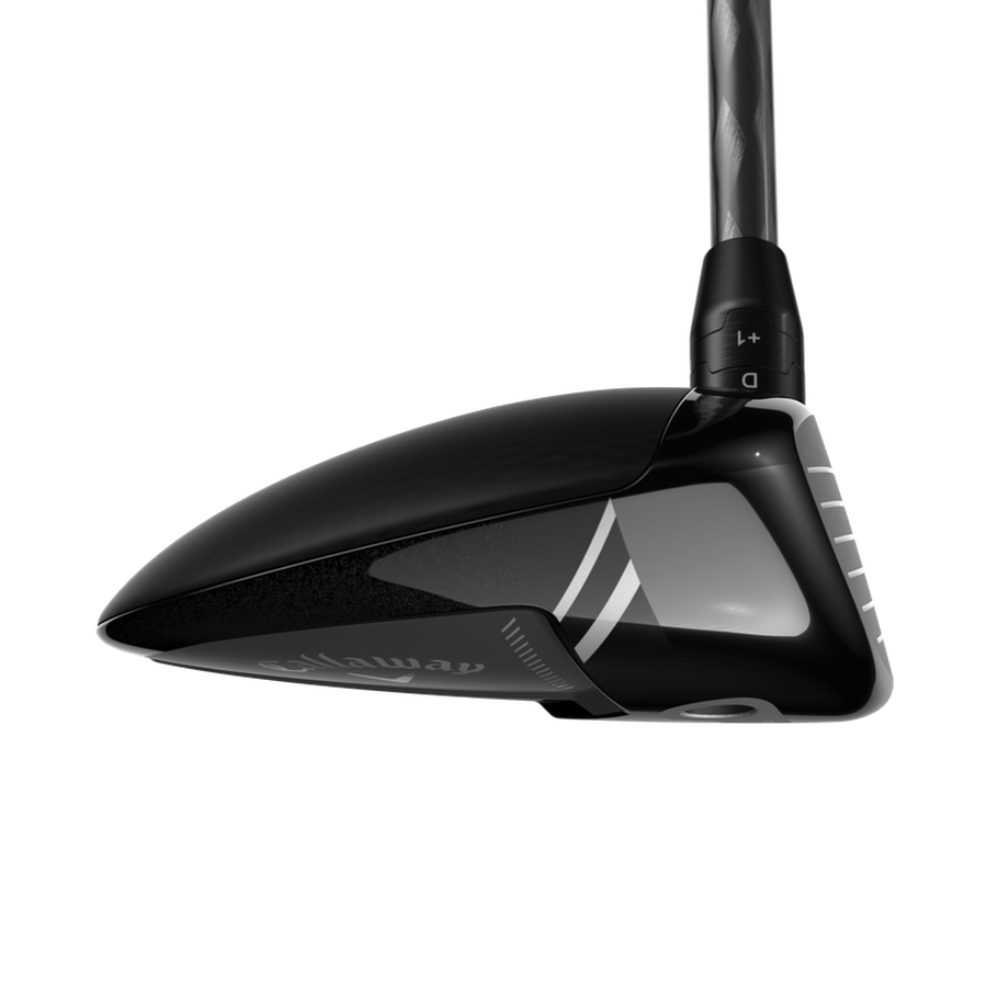 Close-up of a black Callaway Elyte Titanium Fairway Wood clubhead with a metallic shaft, featuring aerodynamic lines, a glossy finish, and adjustment markings near the hosel.